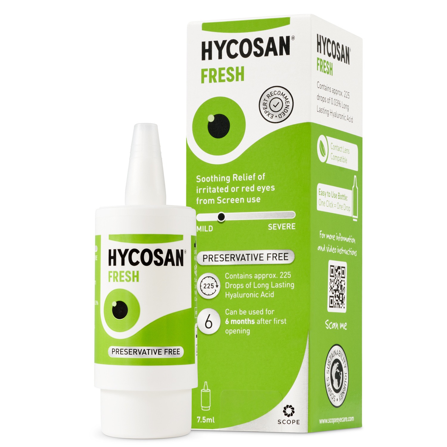 Hycosan Fresh - Eye Drops with Hyaluronic Acid for Soothing Relief of Mild Dry Eyes  and Irritated or Red Eyes from Screen Use - Preservative Free - 225 Measured Drops