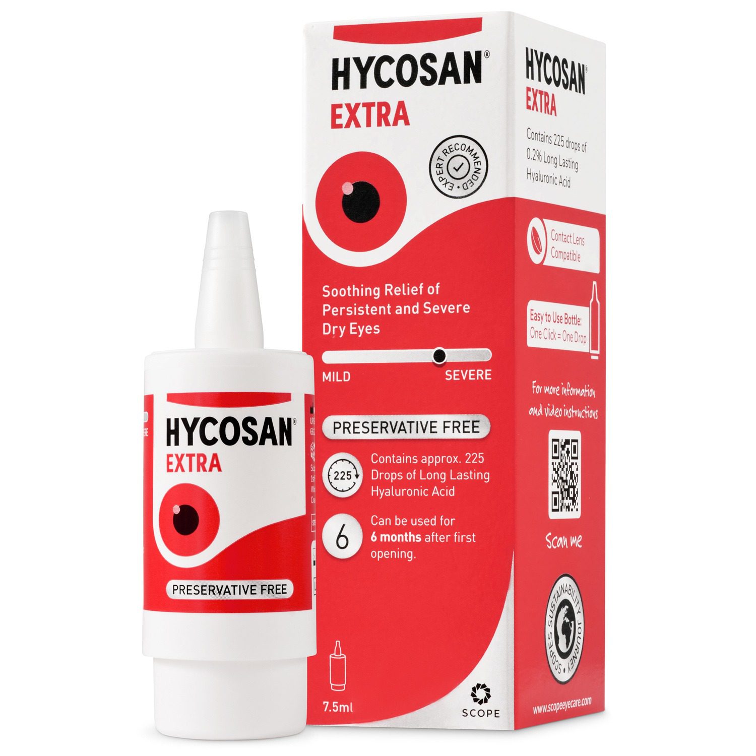 Hycosan Extra - Eye Drops with Hyaluronic Acid for Soothing Relief of Severe and  Persistent Dry Eyes - Contact Lens Compatible - Preservative Free - 225 Measured  Drops