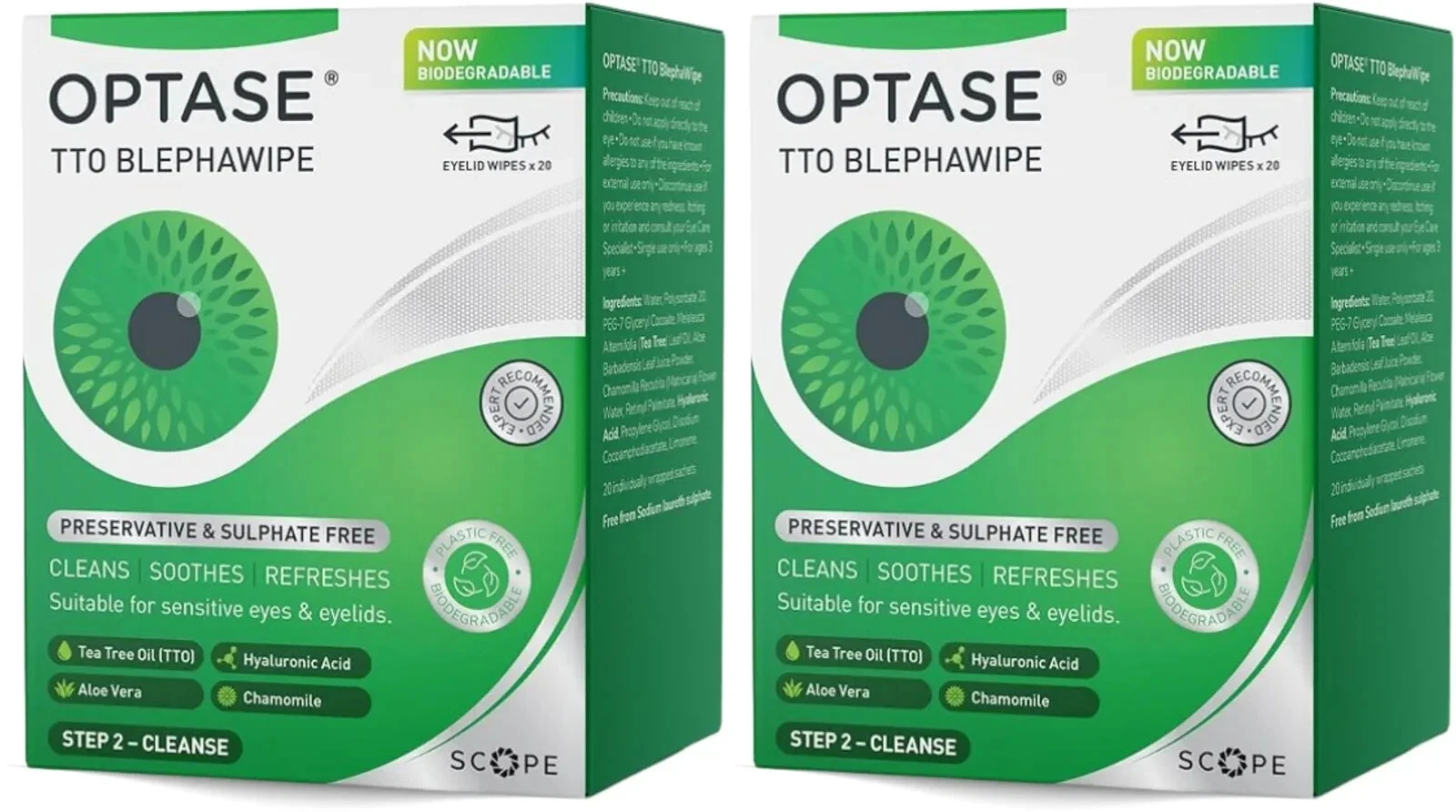 2 x Optase TTO (Tea Tree Oil) Eye Lid Wipes Preservative Free - Blepharitis